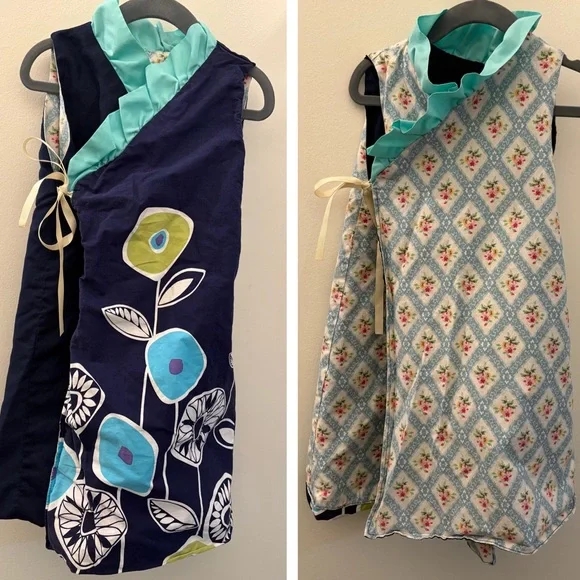 Kimono Girls Dress Navy Aqua Ruffle Vibrant Floral Reversible Adjustable Size 5 - Picture 2 of 8
